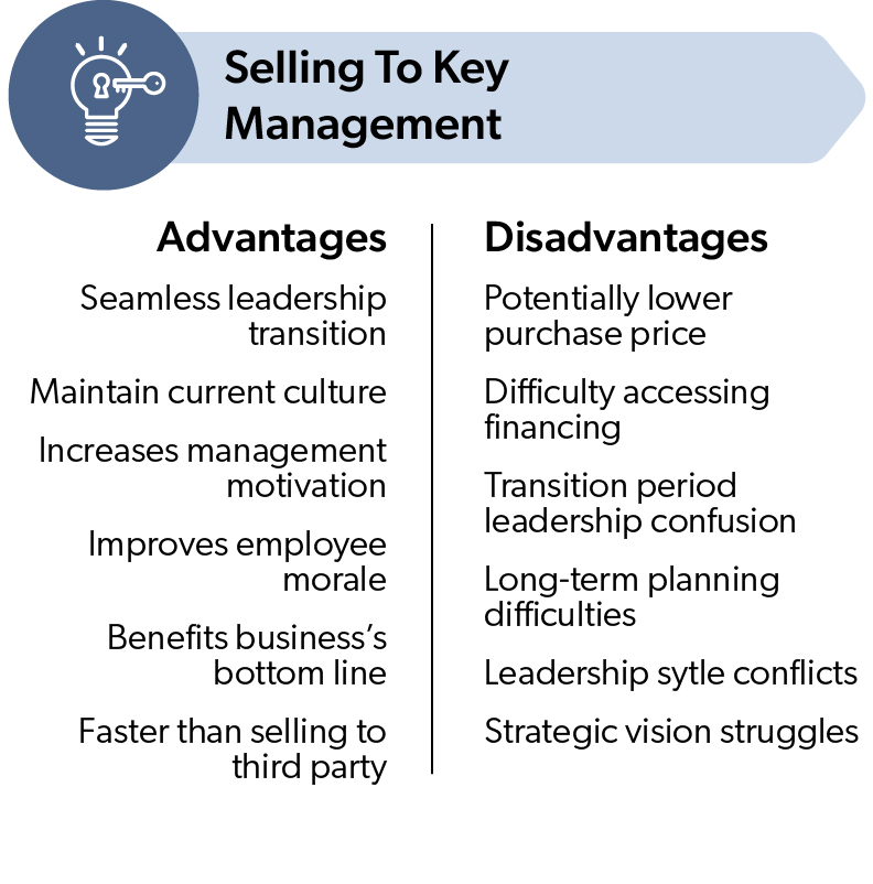 A visual representation of the advantages and disadvantages of selling to key management, with a list of points under each category.
