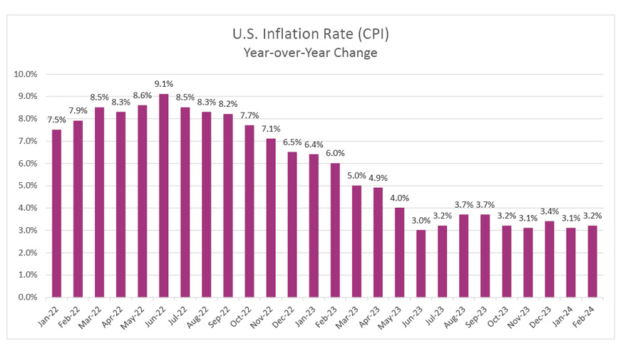 The image you’ve uploaded is a bar graph titled “U.S. Inflation Rate (CPI) Year-over-Year Change”. It shows the inflation rate percentages for each month from January 2022 to February 2023. The rates range from 3.2% to 9.1%, with the highest rates occurring between April and October of 2022, peaking at 9.1% in June. The bars representing the inflation rates are colored purple. The y-axis is labeled with percentages from 0% to 10%, and the x-axis lists the months in the given time frame.