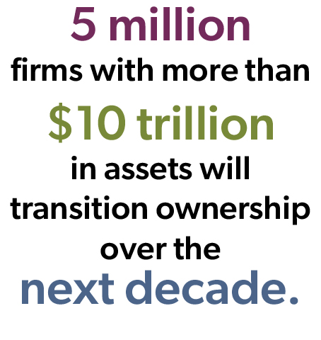 Infographic about business acquisitions that states “5 million firms with more than $10 trillion in assets will transition ownership over the next decade”