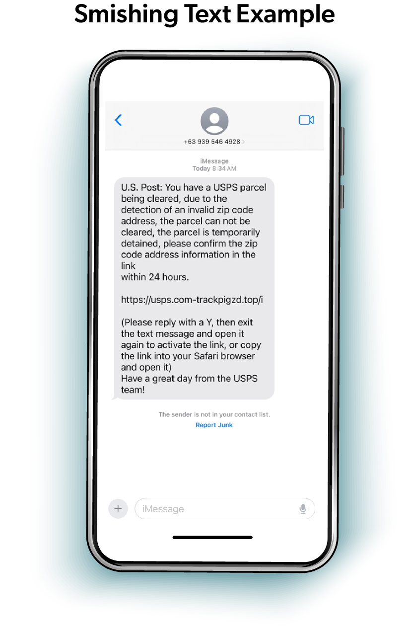 infographic of a cellphone on a smishing text example